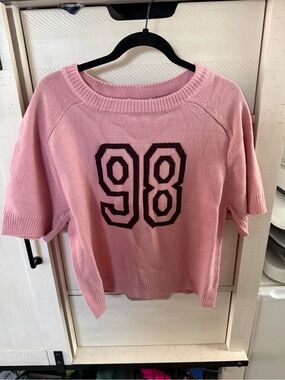 Pink Knit Short-Sleeve Sweater with Black '98 Graphic